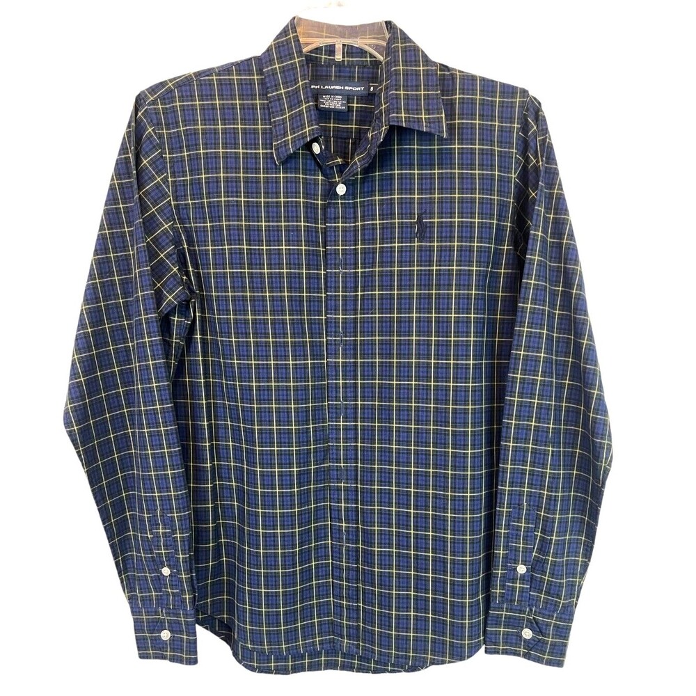 Ralph Lauren Sport Women's Navy Plaid Button Front Shirt Size 8 Long Sleeve